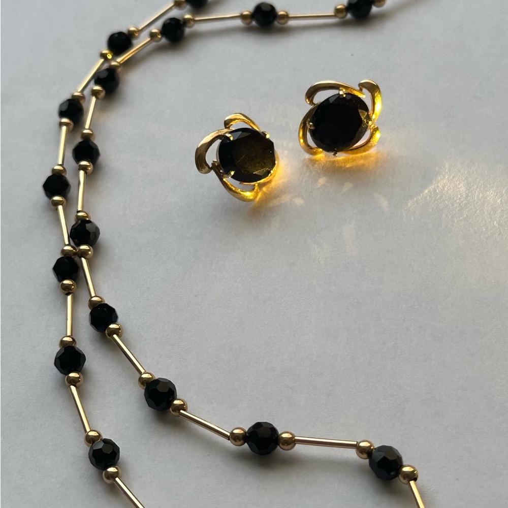 14K Minimalist Black Onyx Solid Gold Necklace/ Earrings Set, Marked, 8.69 g